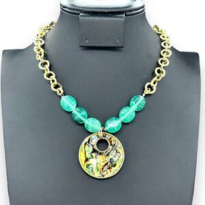 Cookie Lee Faux Abalone Inlay Pendant Partly Beaded Chain Necklace Gold Tone